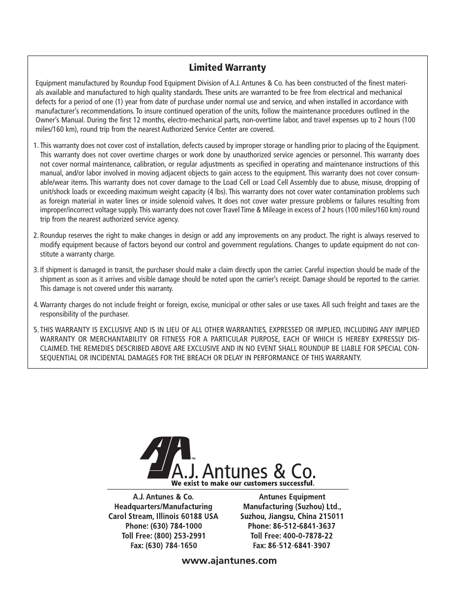 Limited warranty | A.J. Antunes & Co RRBB-75 9400183 User Manual | Page 4 / 4