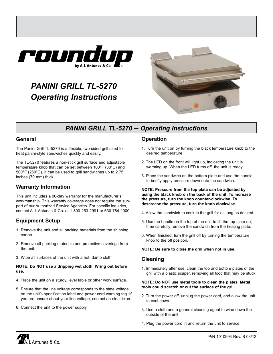 A.J. Antunes & Co TL-5270 9800203 User Manual | 2 pages