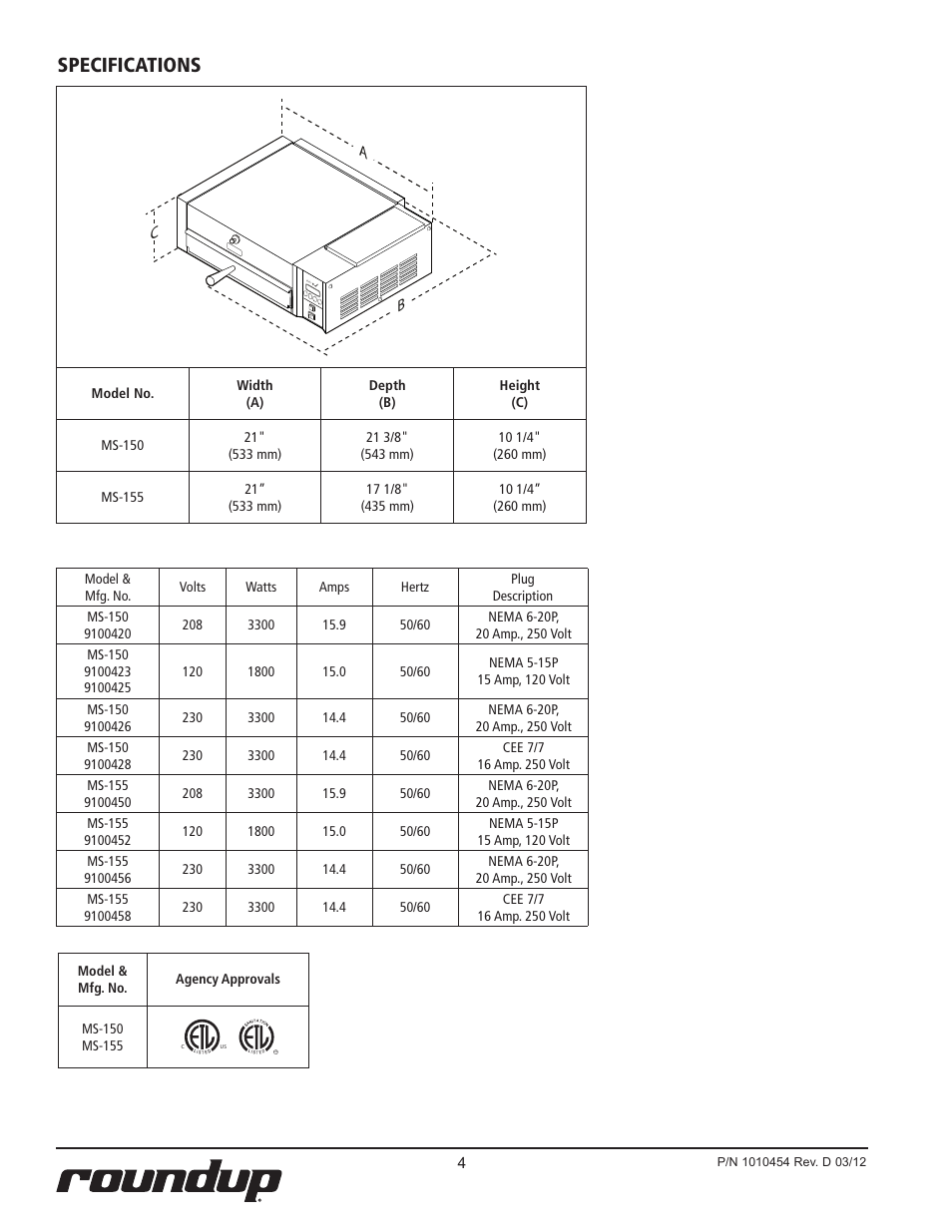 Specifications, Ac b | A.J. Antunes & Co MS-155 9100458 User Manual | Page 4 / 16