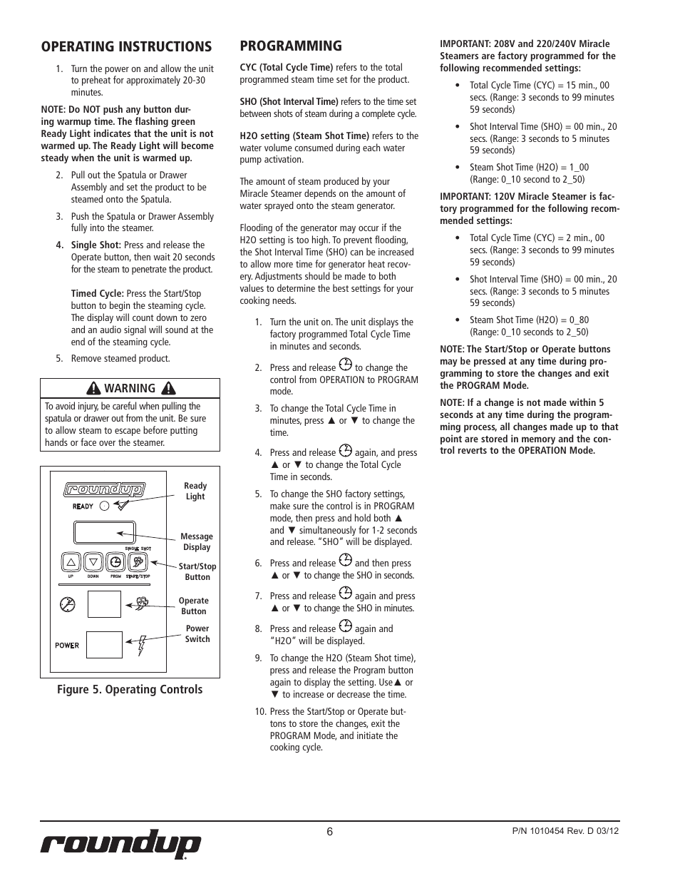 Operating instructions, Programming, Warning | Figure 5. operating controls | A.J. Antunes & Co MS-155 9100458 User Manual | Page 6 / 16