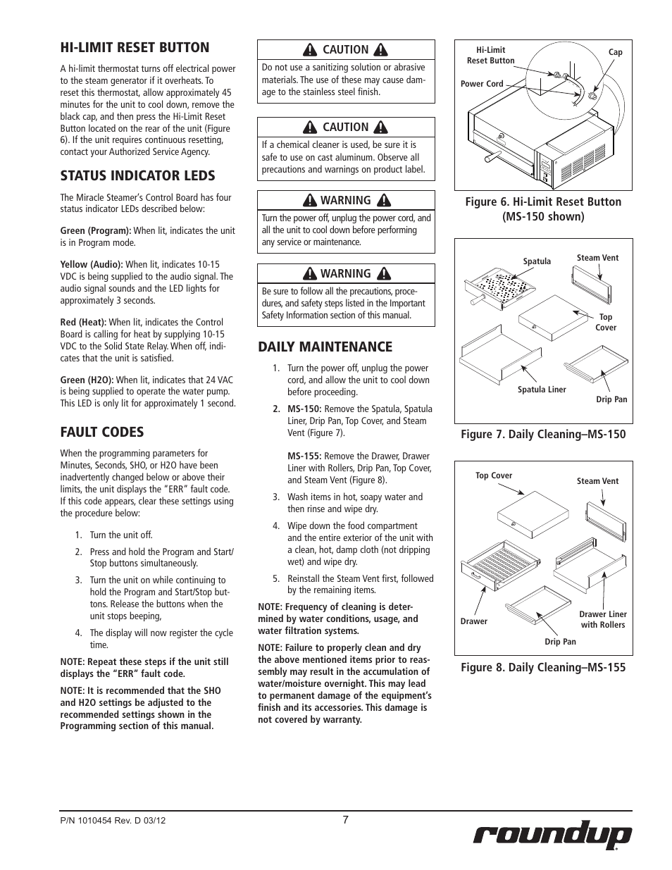 Hi-limit reset button, Status indicator leds, Fault codes | Daily maintenance | A.J. Antunes & Co MS-155 9100458 User Manual | Page 7 / 16
