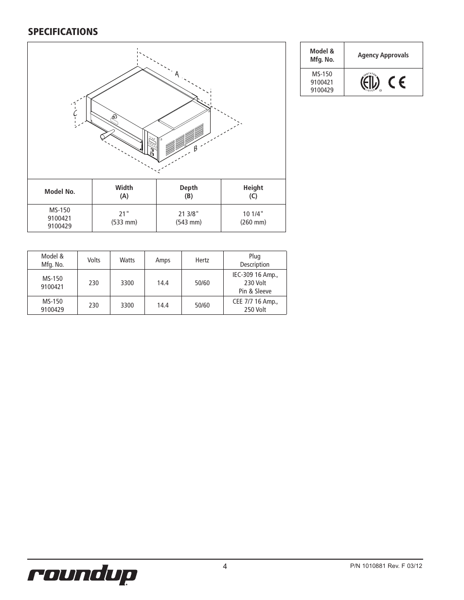 Specifications, Ac b | A.J. Antunes & Co MS-150 9100429 User Manual | Page 4 / 16
