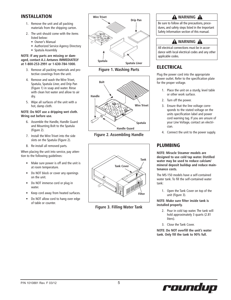 Installation, Electrical, Plumbing | A.J. Antunes & Co MS-150 9100429 User Manual | Page 5 / 16