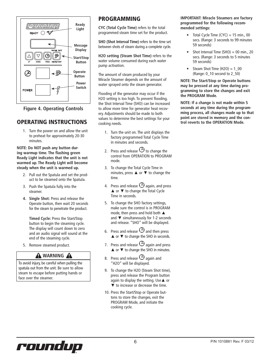 Operating instructions, Programming, Warning | Figure 4. operating controls | A.J. Antunes & Co MS-150 9100429 User Manual | Page 6 / 16