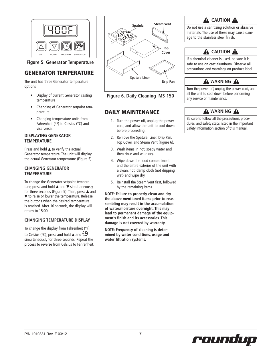 400f, Daily maintenance, Generator temperature | A.J. Antunes & Co MS-150 9100429 User Manual | Page 7 / 16