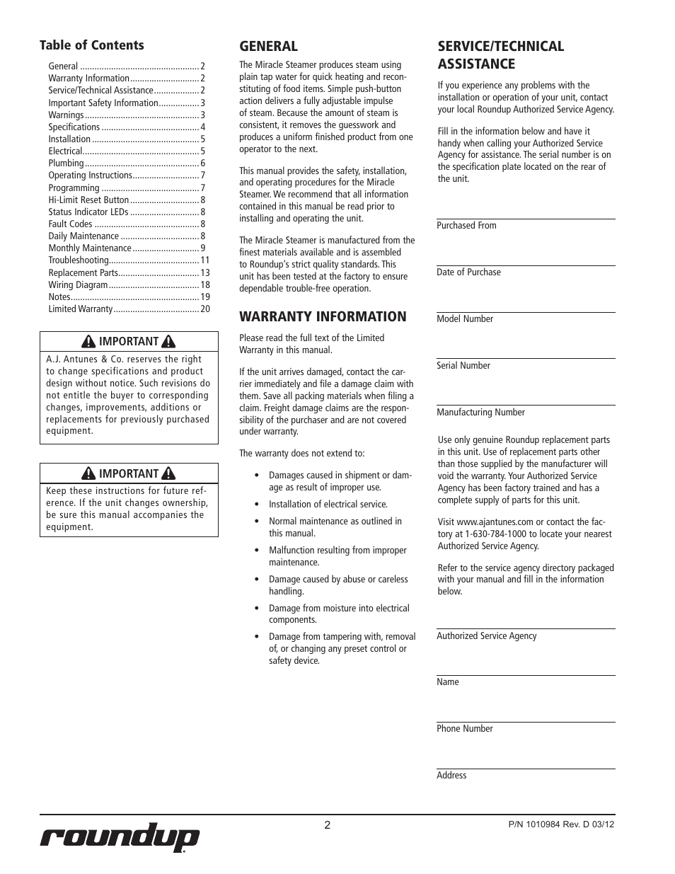 Service/technical assistance, General, Warranty information | A.J. Antunes & Co MS-250 9100439 User Manual | Page 2 / 20