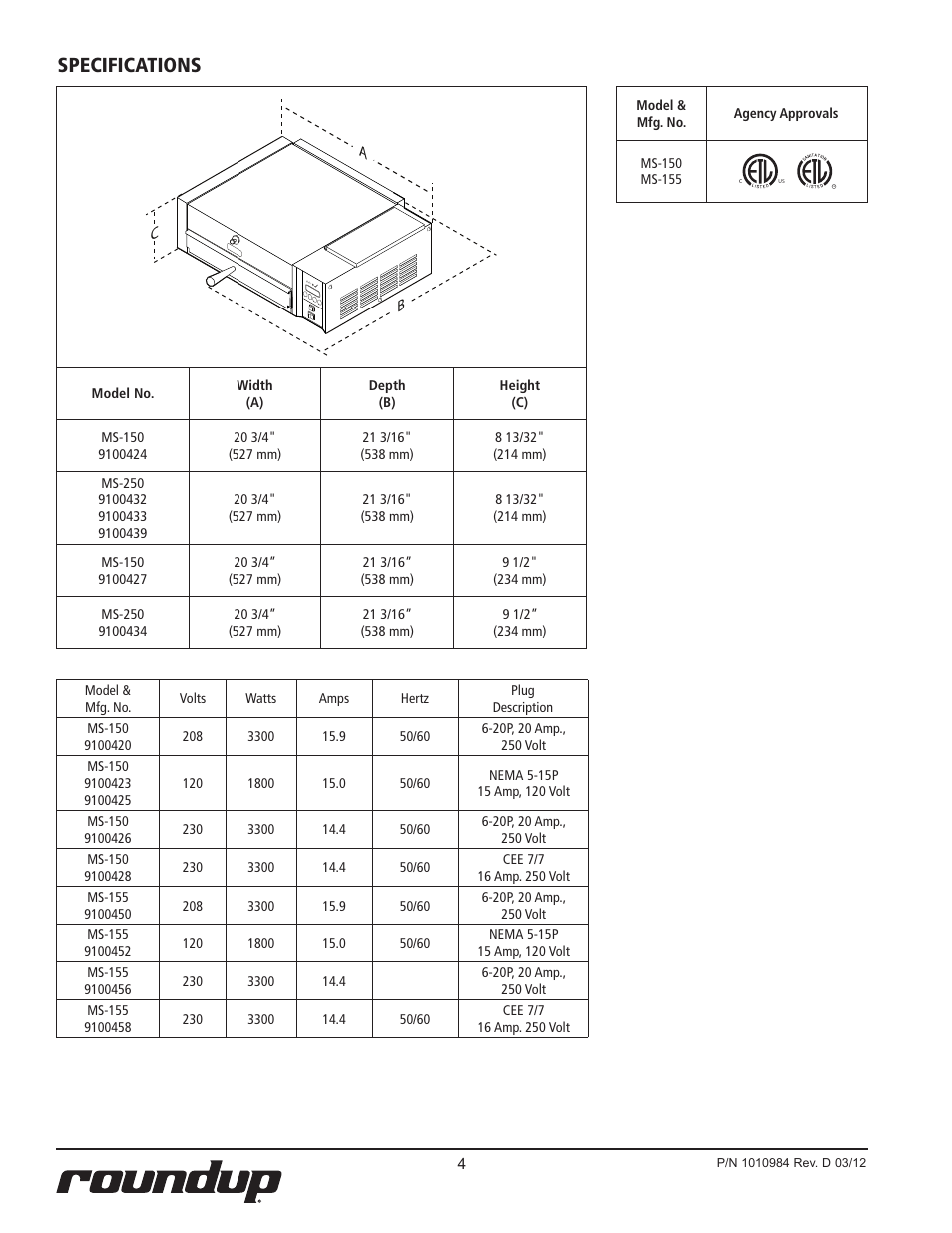 Specifications | A.J. Antunes & Co MS-250 9100439 User Manual | Page 4 / 20