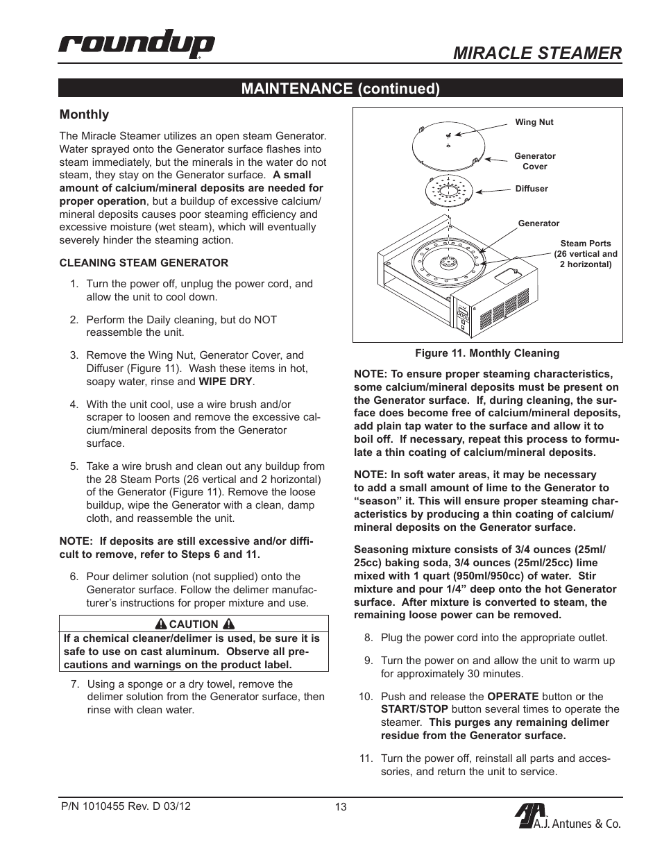 Miracle steamer, Maintenance (continued) | A.J. Antunes & Co MS-255 9100468 User Manual | Page 13 / 24