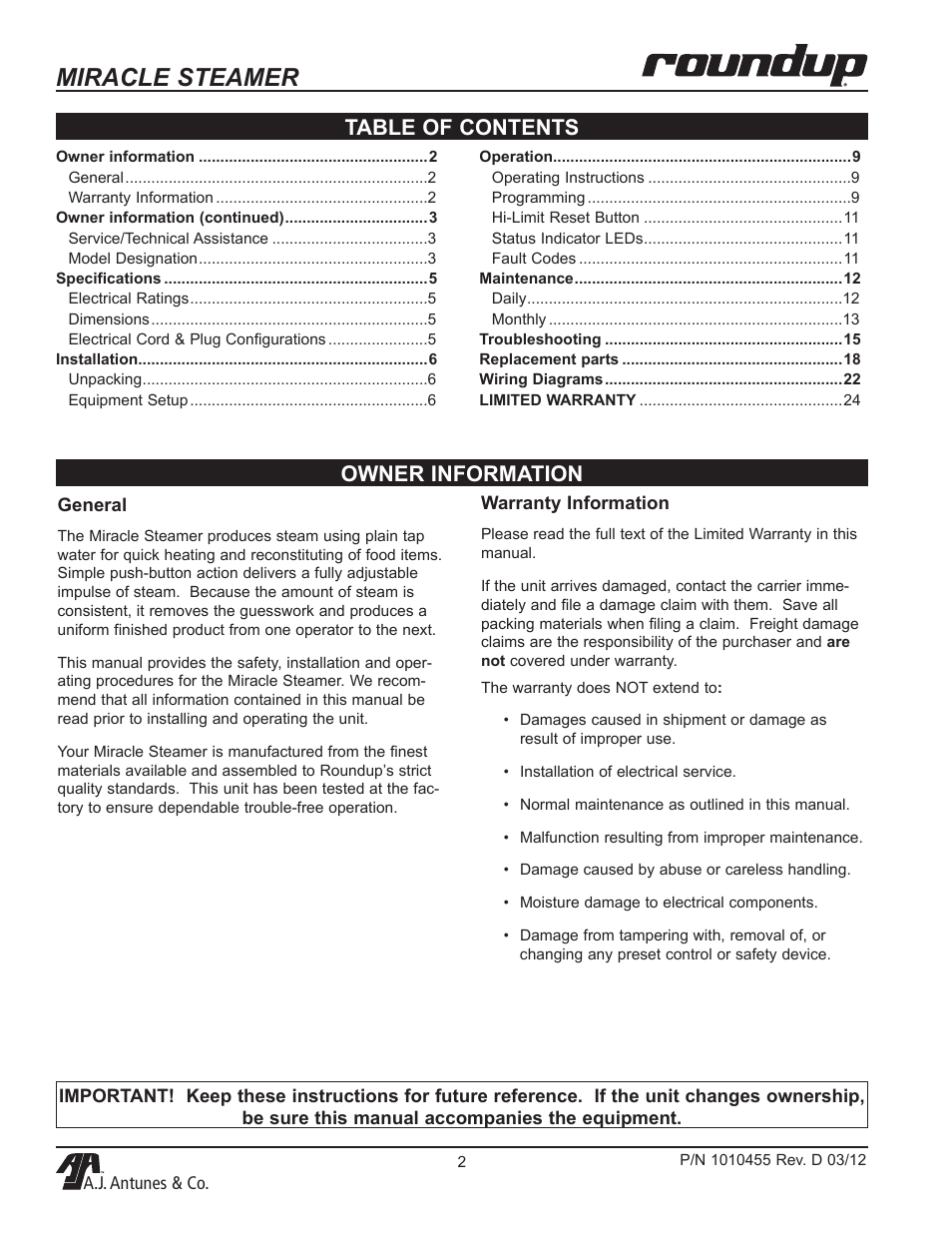 Miracle steamer, Owner information table of contents | A.J. Antunes & Co MS-255 9100468 User Manual | Page 2 / 24