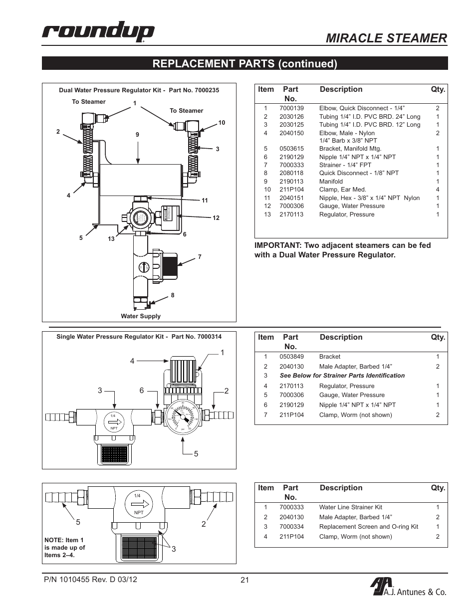 Miracle steamer, Replacement parts (continued), A.j. antunes & co | A.J. Antunes & Co MS-255 9100468 User Manual | Page 21 / 24