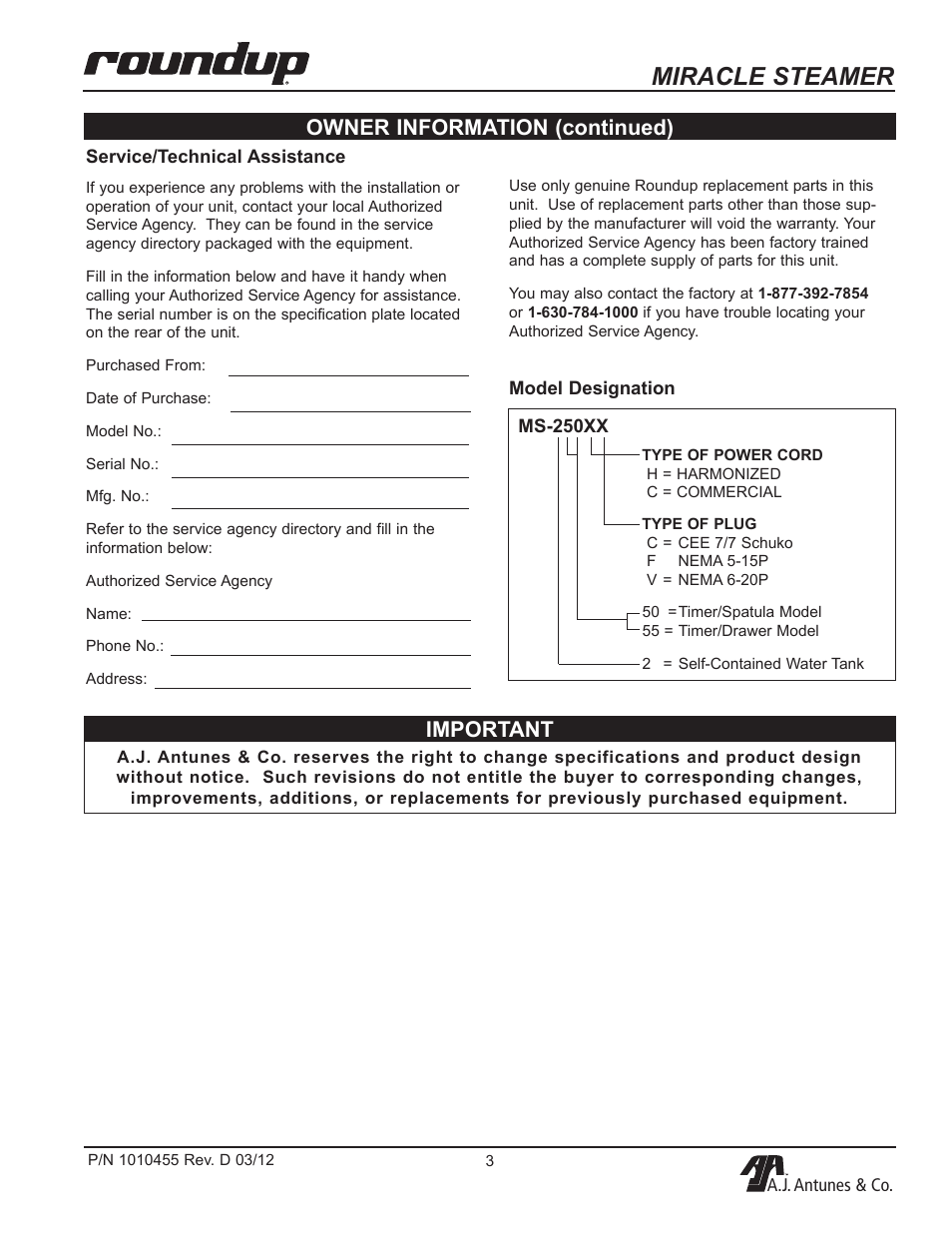 Miracle steamer, Important, Owner information (continued) | A.J. Antunes & Co MS-255 9100468 User Manual | Page 3 / 24