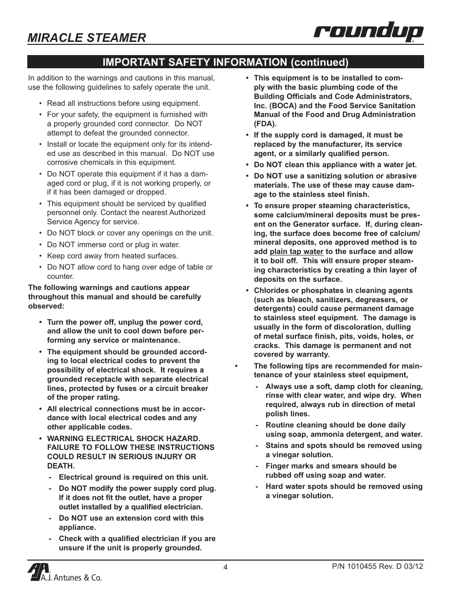 Miracle steamer, Important safety information (continued) | A.J. Antunes & Co MS-255 9100468 User Manual | Page 4 / 24