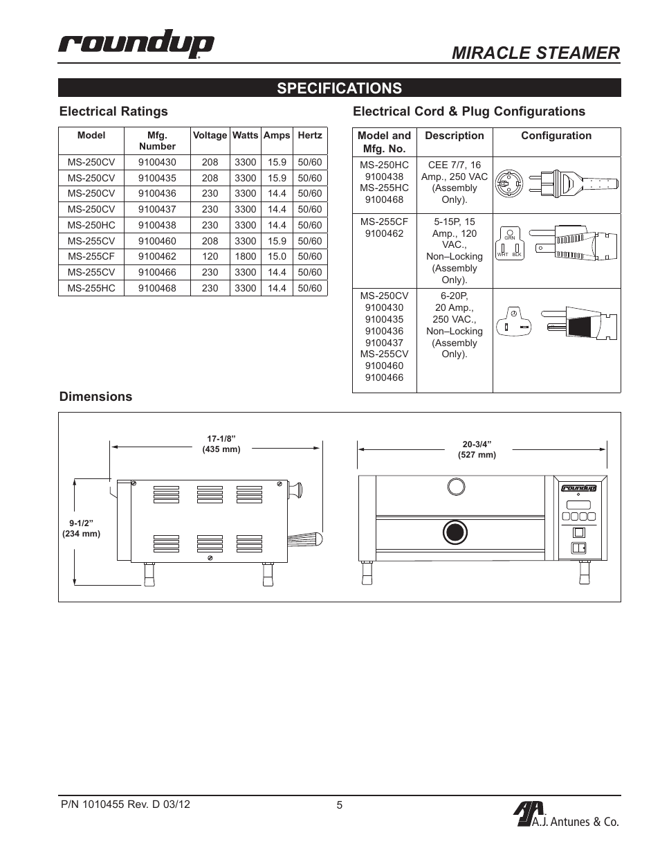 Miracle steamer, Specifications, A.j. antunes & co | Dimensions | A.J. Antunes & Co MS-255 9100468 User Manual | Page 5 / 24