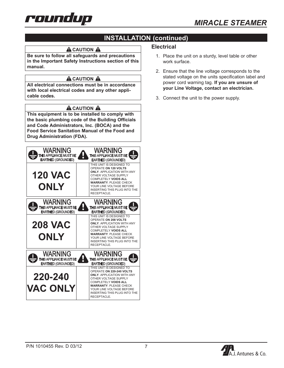 240 vac only, Miracle steamer, Warning | Installation (continued) | A.J. Antunes & Co MS-255 9100468 User Manual | Page 7 / 24