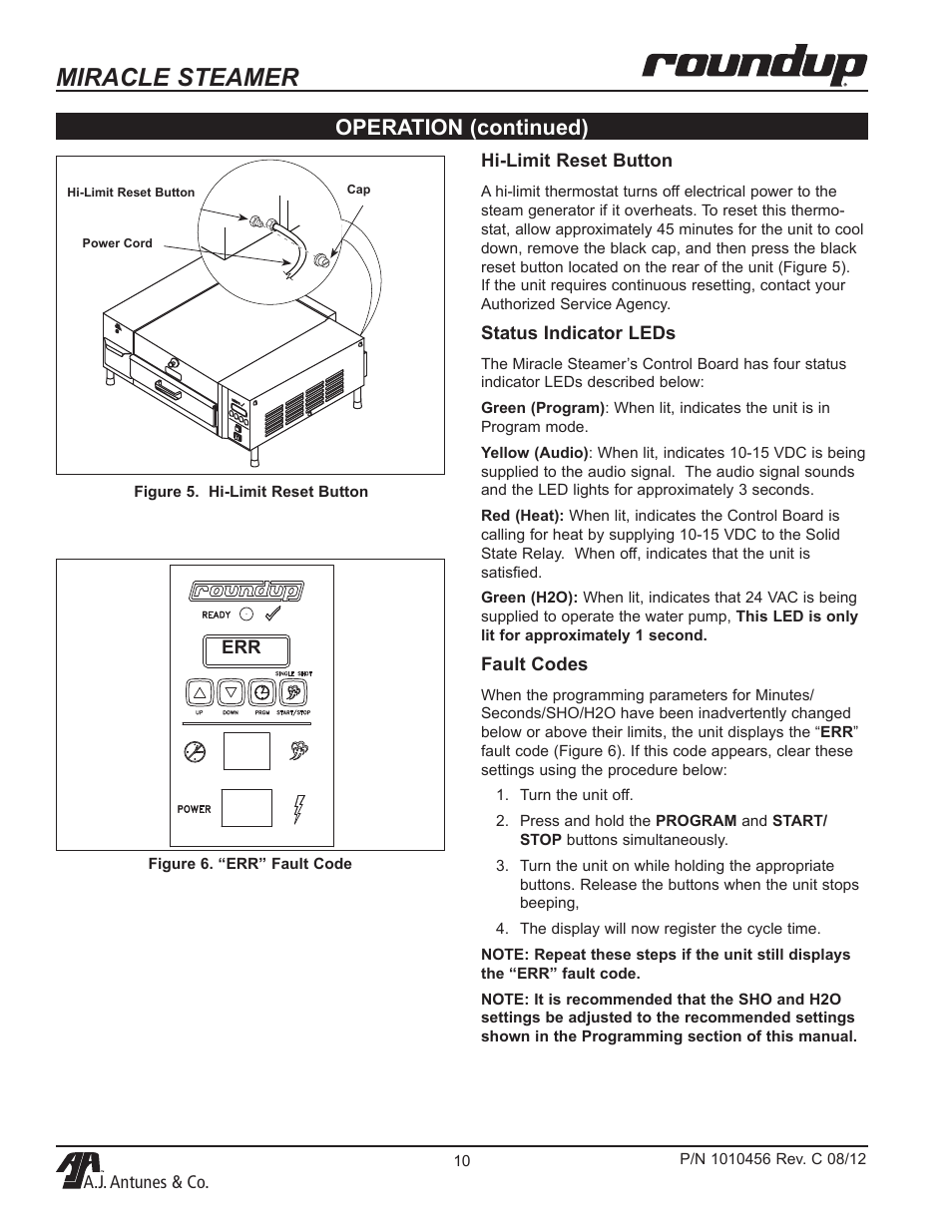 Miracle steamer, Operation (continued), A.j. antunes & co. hi-limit reset button | Status indicator leds, Fault codes | A.J. Antunes & Co MS-355 9100486 User Manual | Page 10 / 20