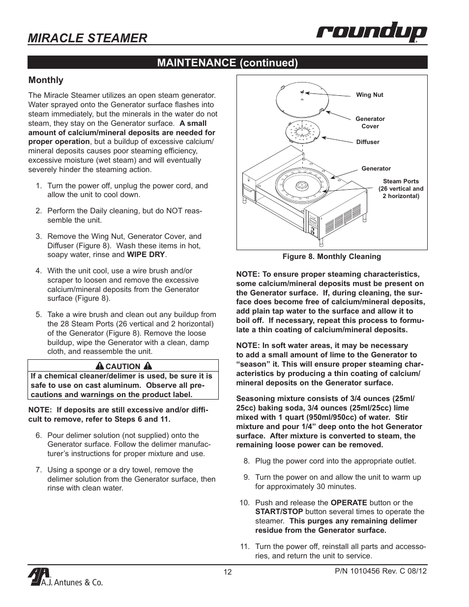 Miracle steamer, Maintenance (continued), A.j. antunes & co | Monthly | A.J. Antunes & Co MS-355 9100486 User Manual | Page 12 / 20