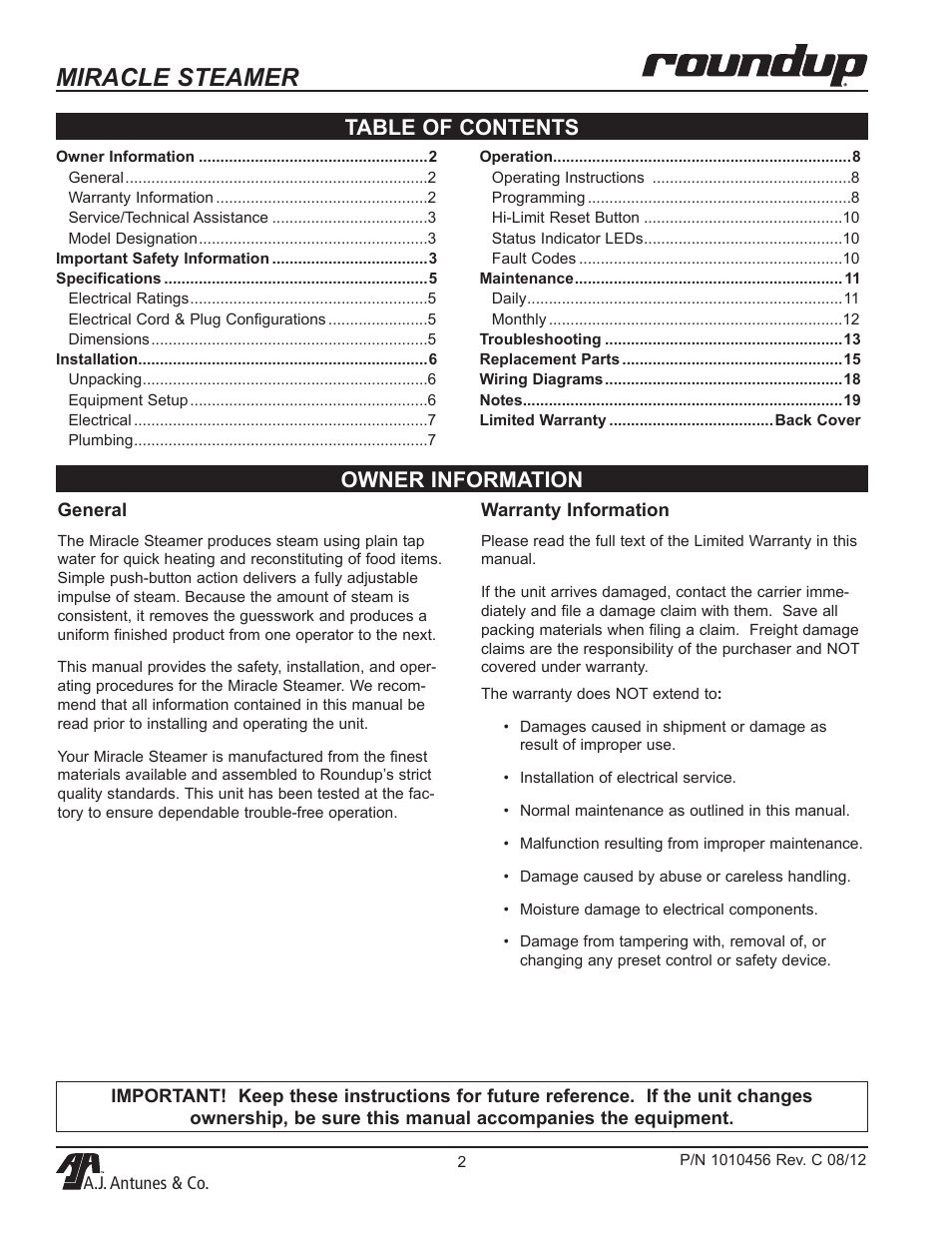 Miracle steamer, Owner information table of contents | A.J. Antunes & Co MS-355 9100486 User Manual | Page 2 / 20