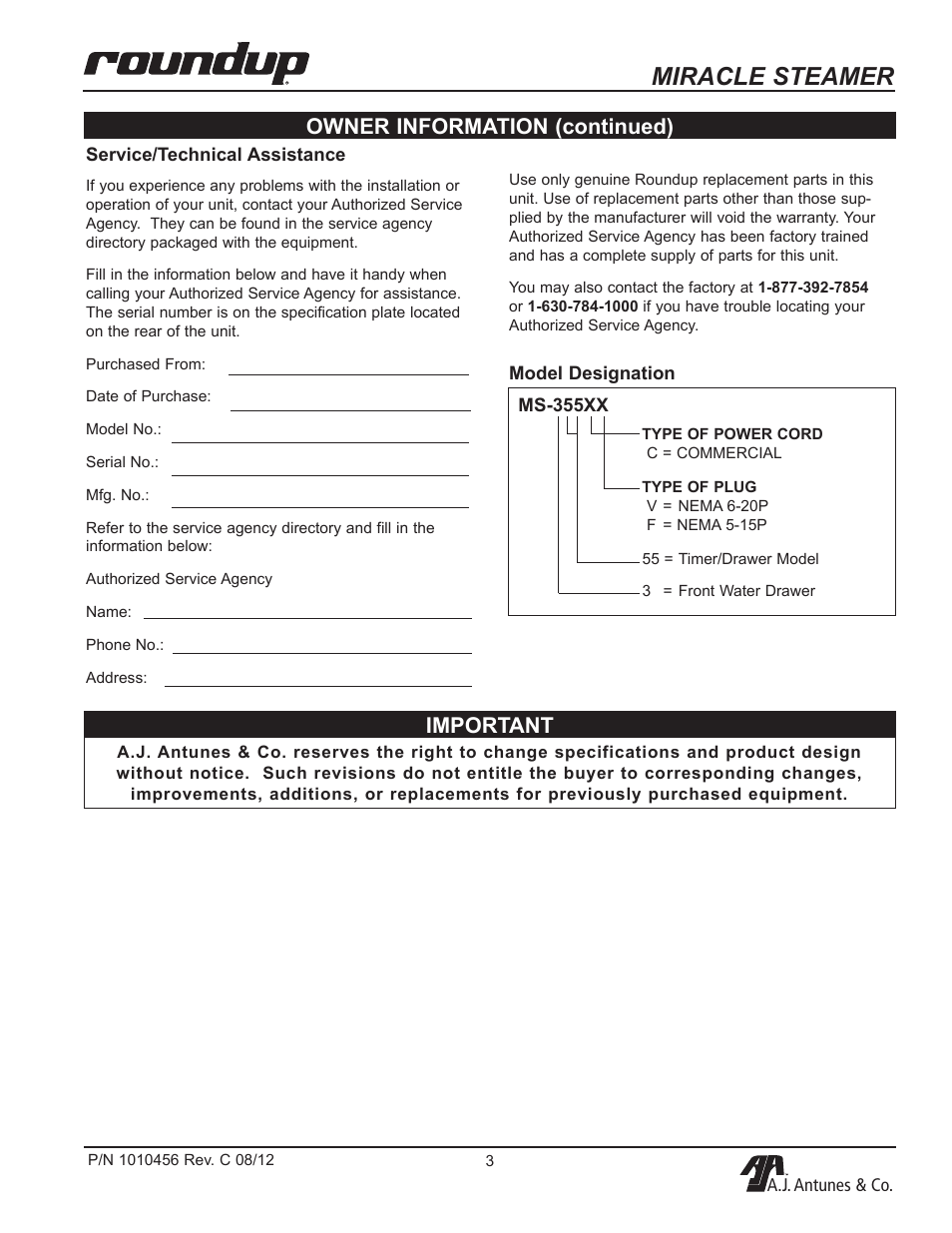 Miracle steamer, Important, Owner information (continued) | A.J. Antunes & Co MS-355 9100486 User Manual | Page 3 / 20