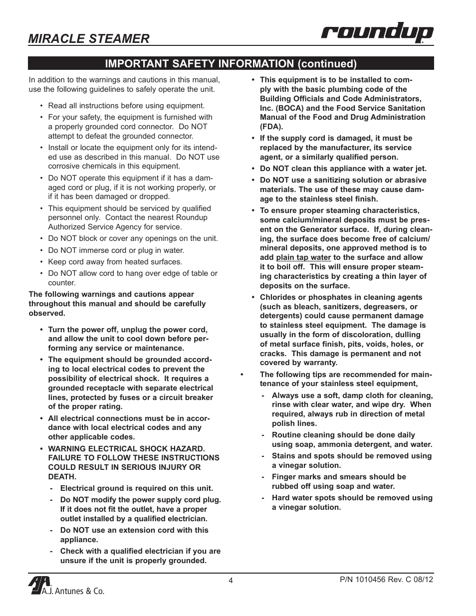 Miracle steamer, Important safety information (continued) | A.J. Antunes & Co MS-355 9100486 User Manual | Page 4 / 20