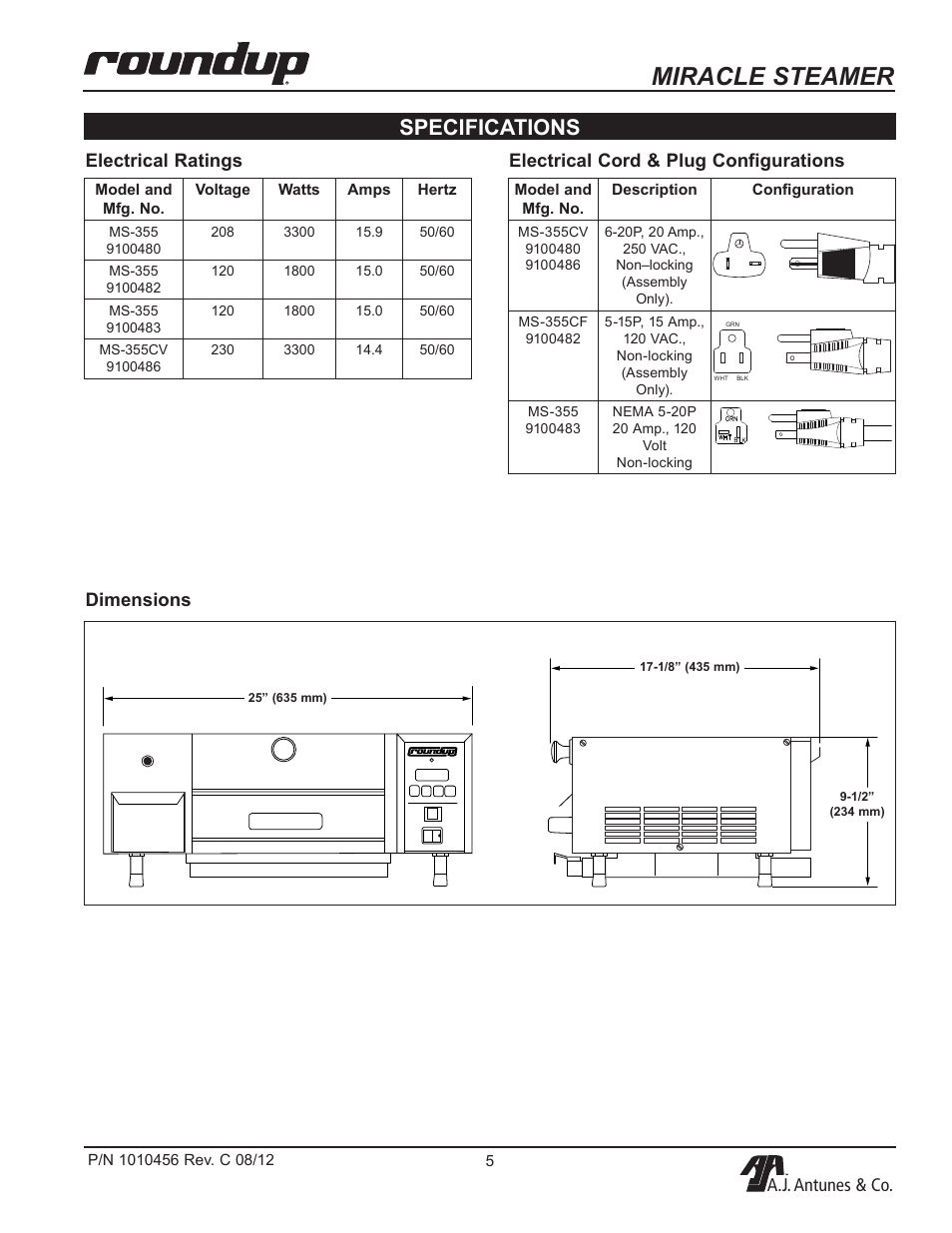 Miracle steamer, Specifications, A.j. antunes & co | Dimensions | A.J. Antunes & Co MS-355 9100486 User Manual | Page 5 / 20