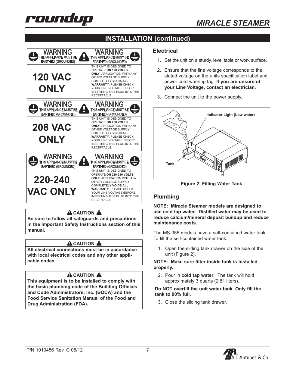 240 vac only, Miracle steamer, Warning | Installation (continued) | A.J. Antunes & Co MS-355 9100486 User Manual | Page 7 / 20