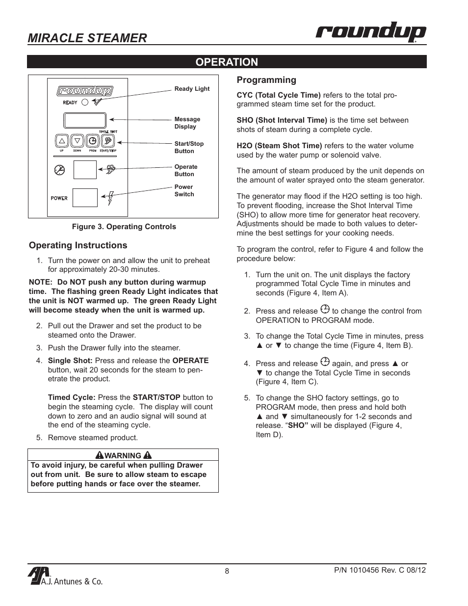 Miracle steamer, Operation, A.j. antunes & co. programming | Operating instructions | A.J. Antunes & Co MS-355 9100486 User Manual | Page 8 / 20