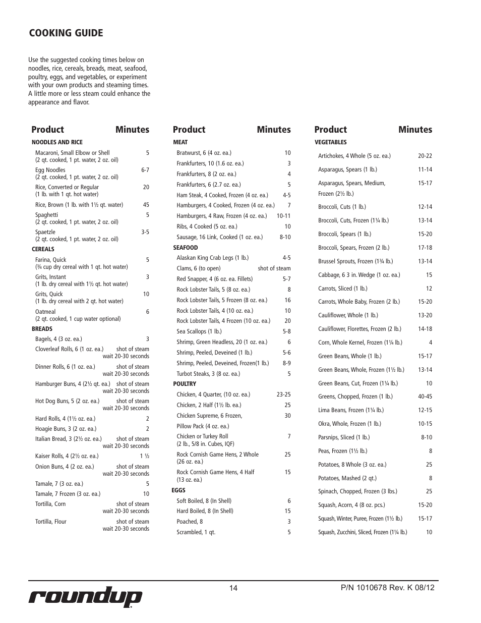 Cooking guide, Product minutes | A.J. Antunes & Co DFWF-250 9100156 User Manual | Page 14 / 24