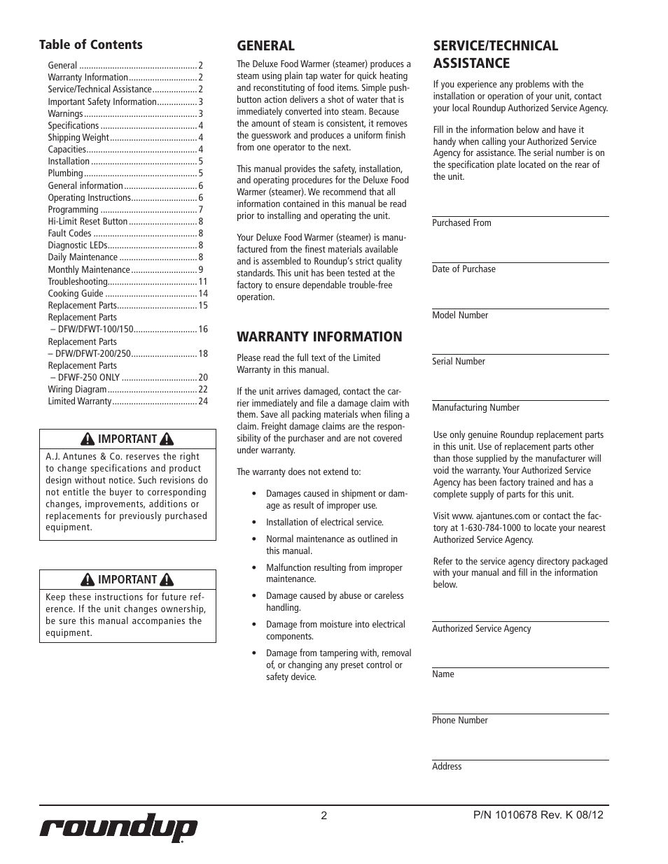 Service/technical assistance, General, Warranty information | A.J. Antunes & Co DFWF-250 9100156 User Manual | Page 2 / 24