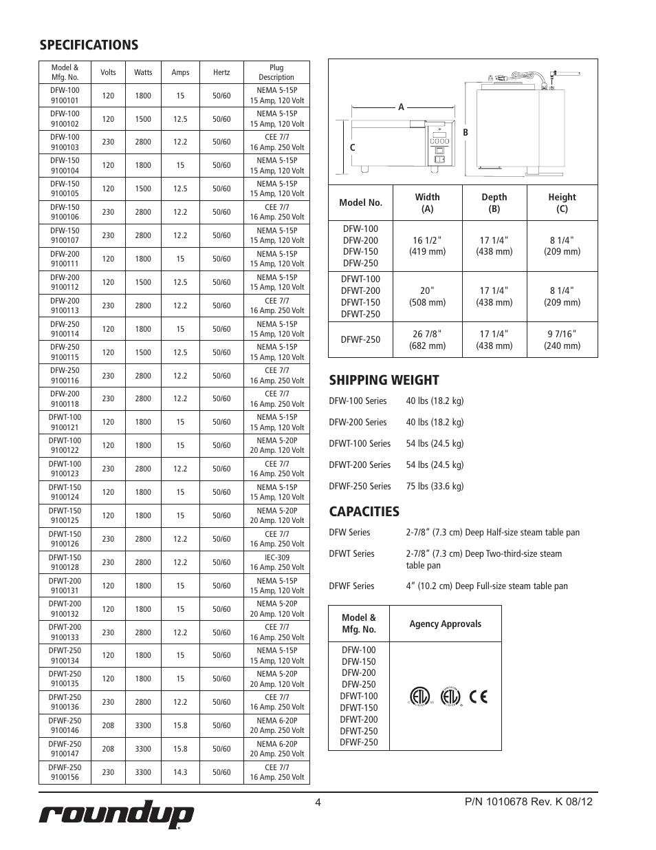 Specifications, Shipping weight, Capacities | A.J. Antunes & Co DFWF-250 9100156 User Manual | Page 4 / 24