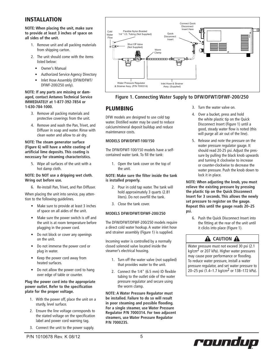 Installation, Plumbing, Caution | A.J. Antunes & Co DFWF-250 9100156 User Manual | Page 5 / 24