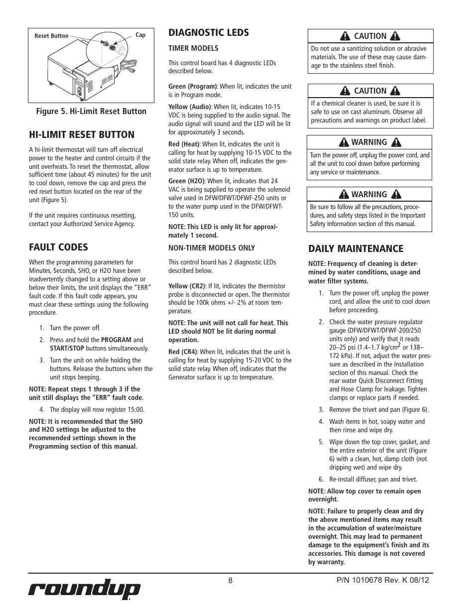 Hi-limit reset button, Diagnostic leds, Fault codes | Daily maintenance | A.J. Antunes & Co DFWF-250 9100156 User Manual | Page 8 / 24