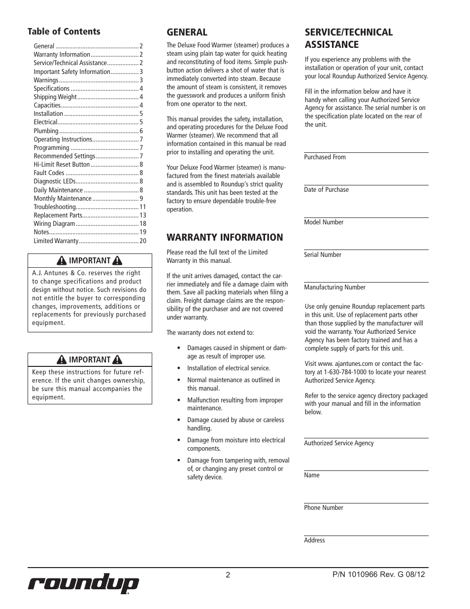 Service/technical assistance, General, Warranty information | A.J. Antunes & Co DFW-150 9100805 User Manual | Page 2 / 20
