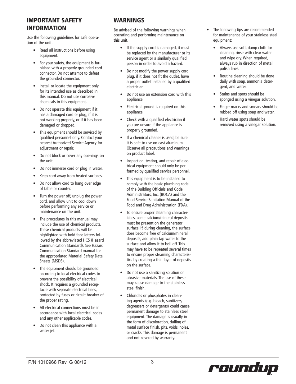 Important safety information, Warnings | A.J. Antunes & Co DFW-150 9100805 User Manual | Page 3 / 20