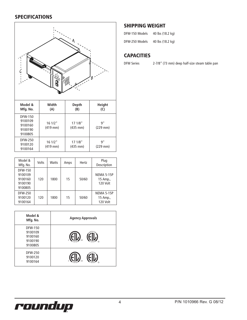 Specifications, Shipping weight, Capacities | Ac b | A.J. Antunes & Co DFW-150 9100805 User Manual | Page 4 / 20