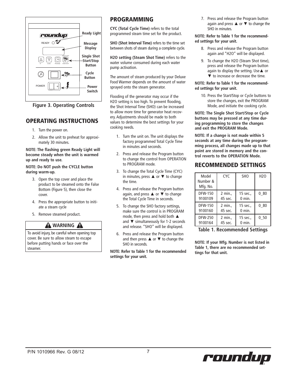 Operating instructions, Programming, Recommended settings | Warning, Figure 3. operating controls, Table 1. recommended settings | A.J. Antunes & Co DFW-150 9100805 User Manual | Page 7 / 20