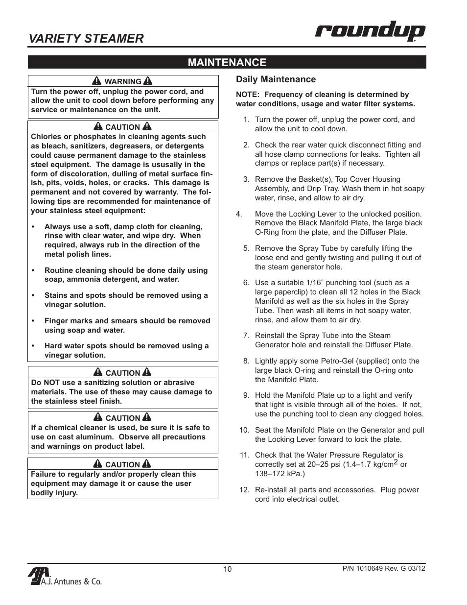 Variety steamer, Maintenance | A.J. Antunes & Co VS-200ADB 9100230 User Manual | Page 10 / 20