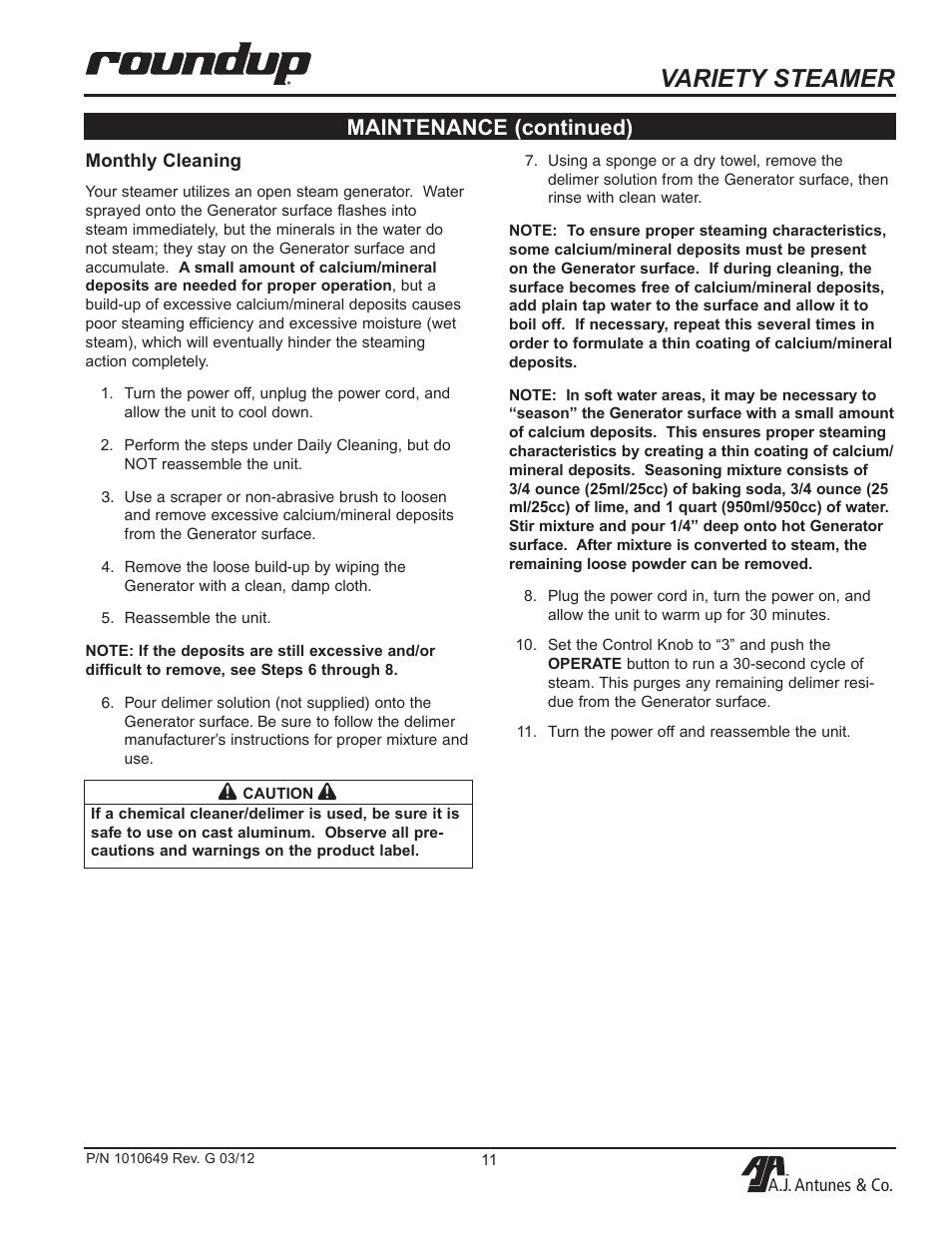 Variety steamer, Maintenance (continued) | A.J. Antunes & Co VS-200ADB 9100230 User Manual | Page 11 / 20