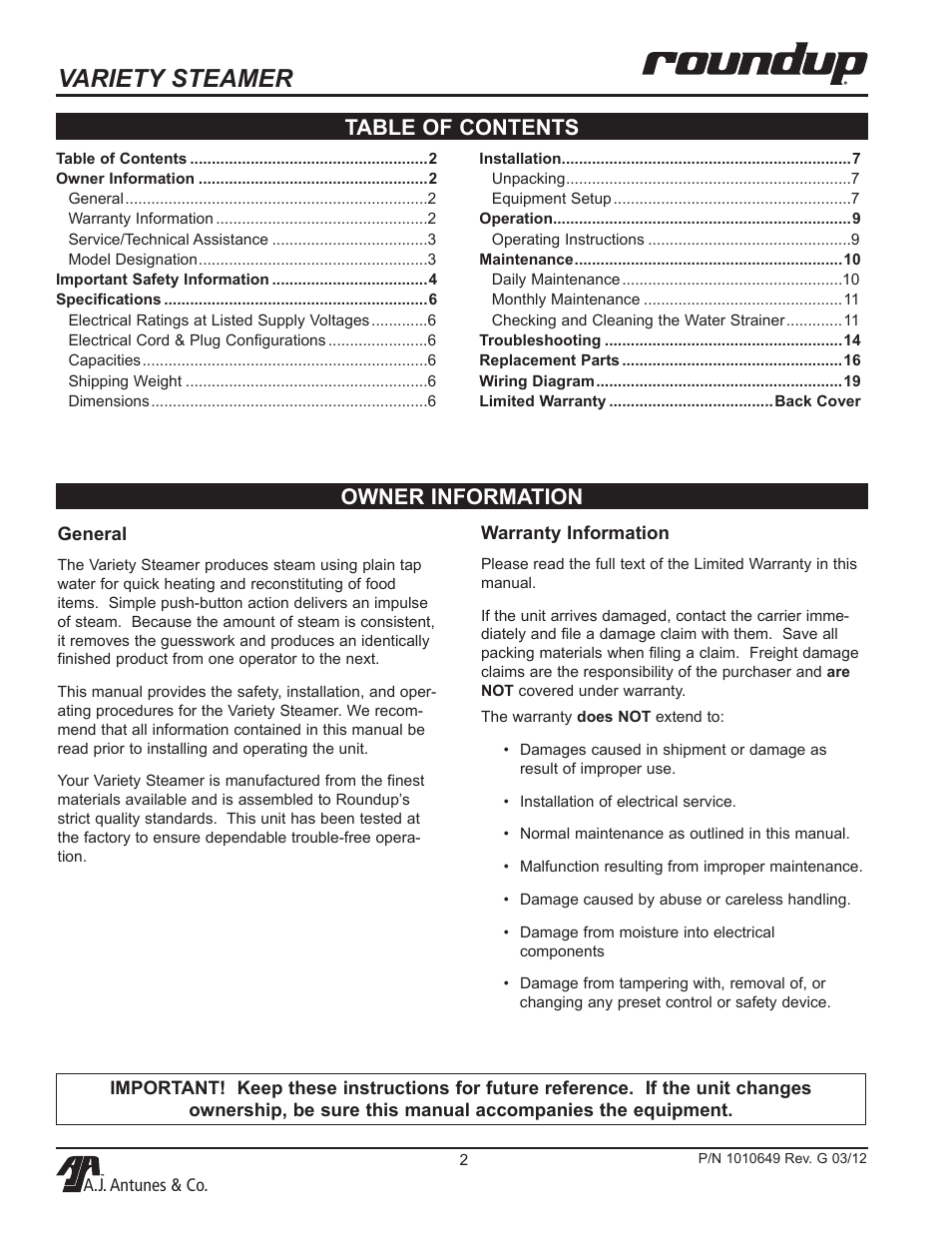 Variety steamer, Owner information table of contents | A.J. Antunes & Co VS-200ADB 9100230 User Manual | Page 2 / 20