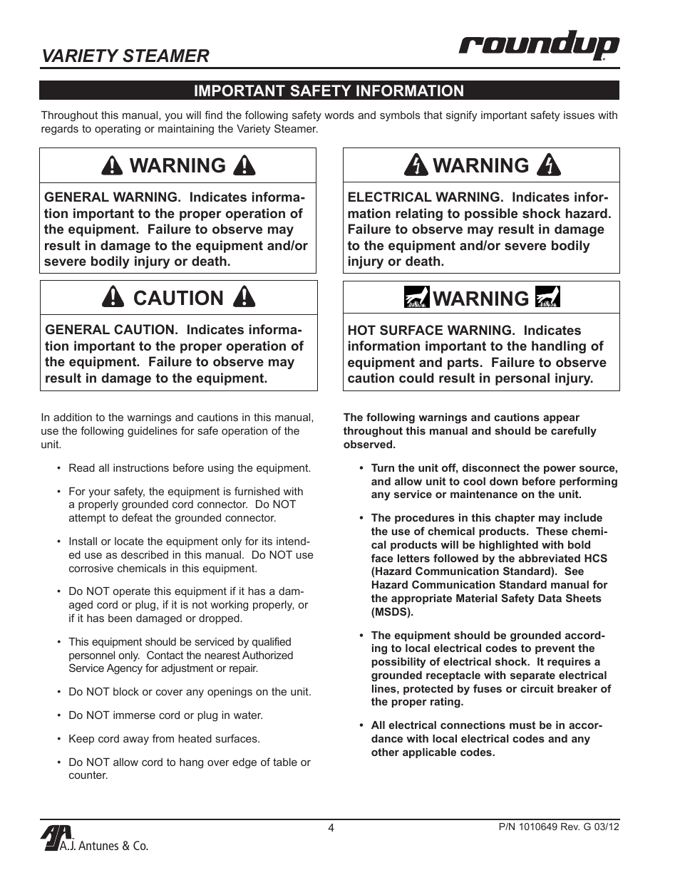 Warning, Caution, Variety steamer | Important safety information | A.J. Antunes & Co VS-200ADB 9100230 User Manual | Page 4 / 20