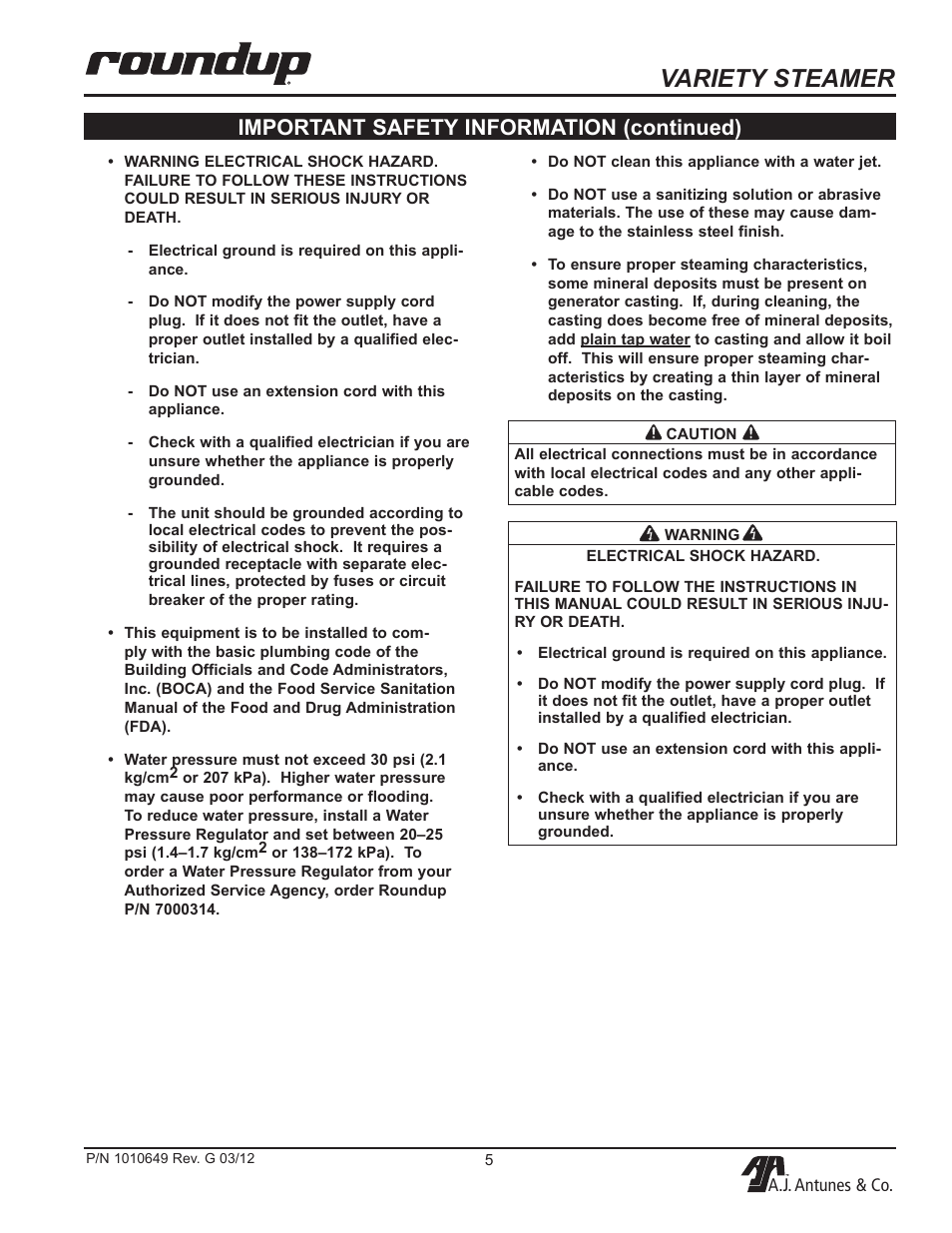 Variety steamer, Important safety information (continued) | A.J. Antunes & Co VS-200ADB 9100230 User Manual | Page 5 / 20