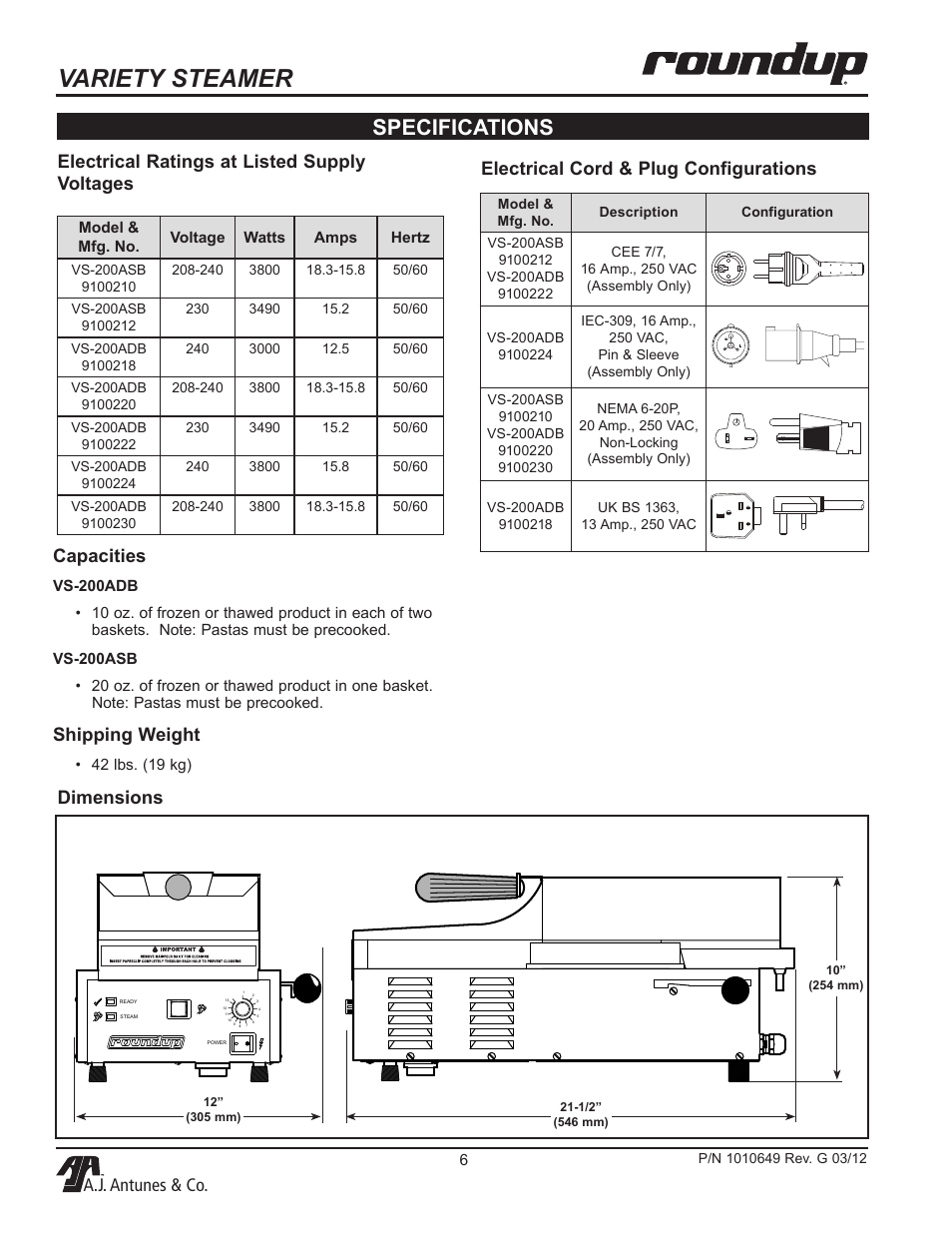 Variety steamer, Specifications, A.j. antunes & co | Shipping weight, Electrical cord & plug configurations dimensions | A.J. Antunes & Co VS-200ADB 9100230 User Manual | Page 6 / 20