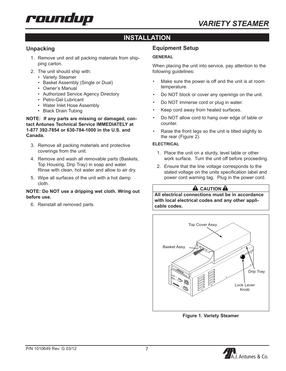 Variety steamer, Installation, A.j. antunes & co. unpacking | Equipment setup | A.J. Antunes & Co VS-200ADB 9100230 User Manual | Page 7 / 20