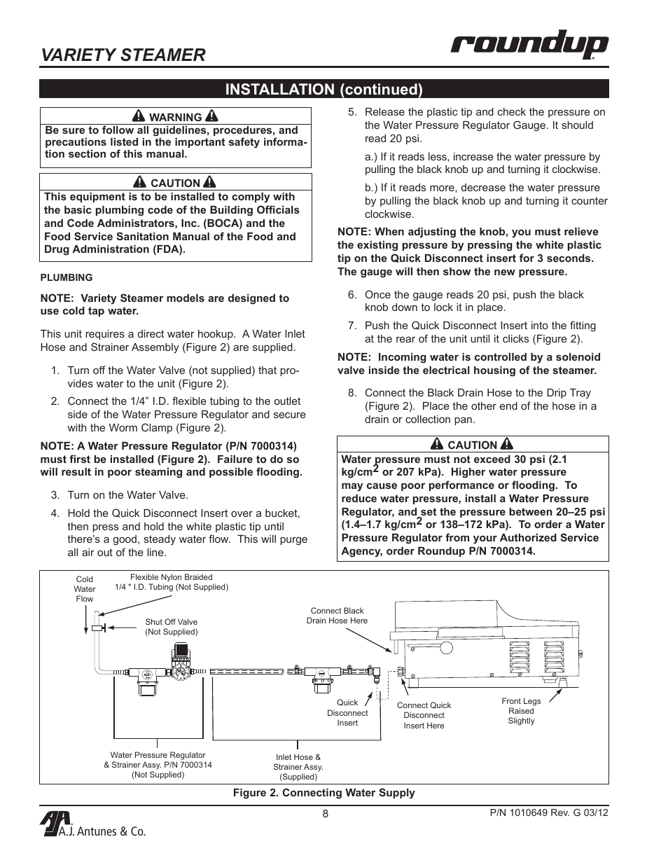 Variety steamer, Installation (continued), A.j. antunes & co | A.J. Antunes & Co VS-200ADB 9100230 User Manual | Page 8 / 20