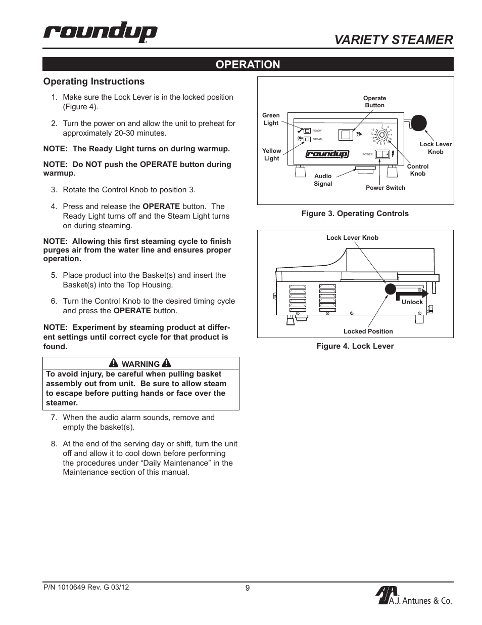 Variety steamer, Operation, A.j. antunes & co | Operating instructions | A.J. Antunes & Co VS-200ADB 9100230 User Manual | Page 9 / 20