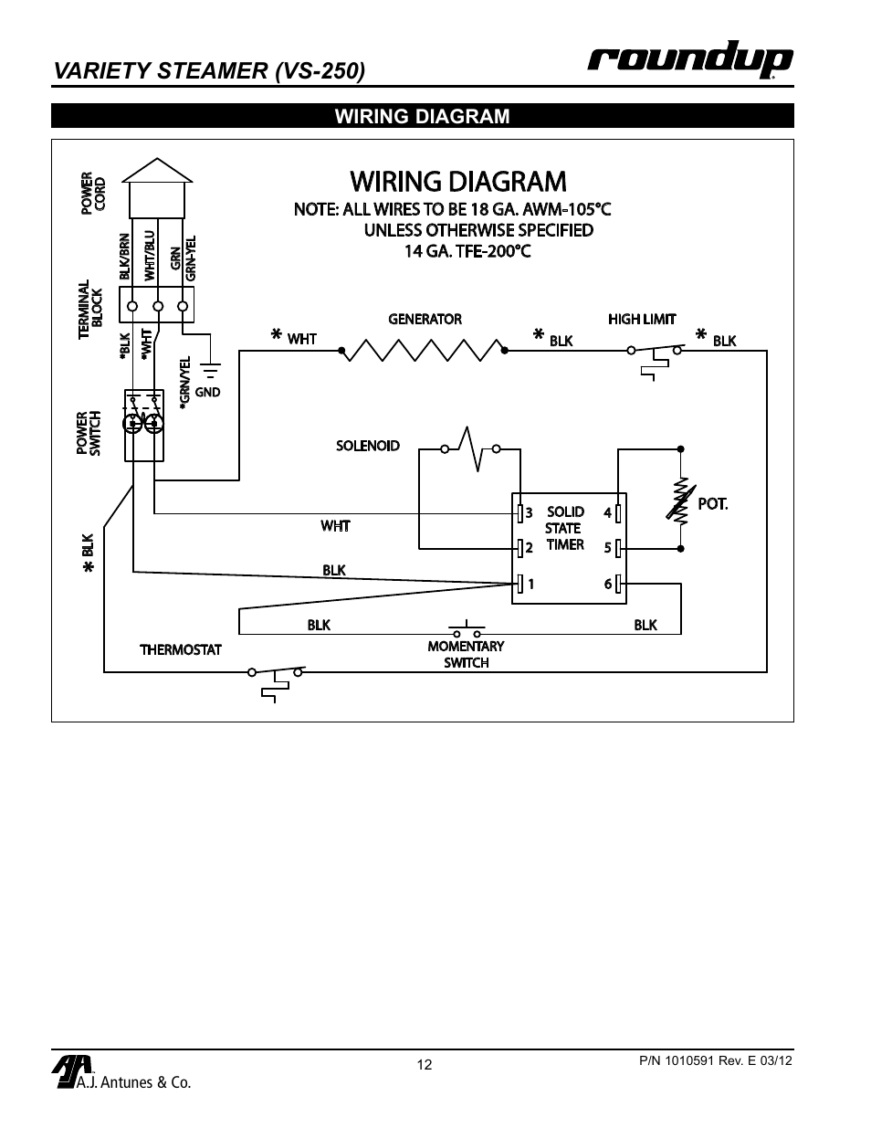 Variety steamer (vs-250), Wiring diagram | A.J. Antunes & Co VS-200A-A1 9100250 User Manual | Page 12 / 16
