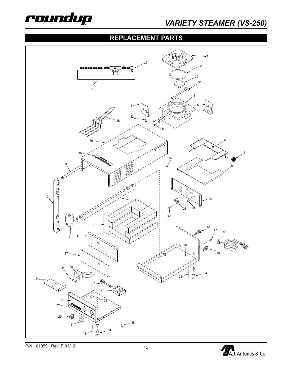 Variety steamer (vs-250), Replacement parts, A.j. antunes & co | A.J. Antunes & Co VS-200A-A1 9100250 User Manual | Page 13 / 16