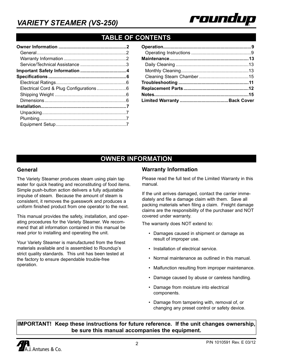 Variety steamer (vs-250), Owner information table of contents | A.J. Antunes & Co VS-200A-A1 9100250 User Manual | Page 2 / 16