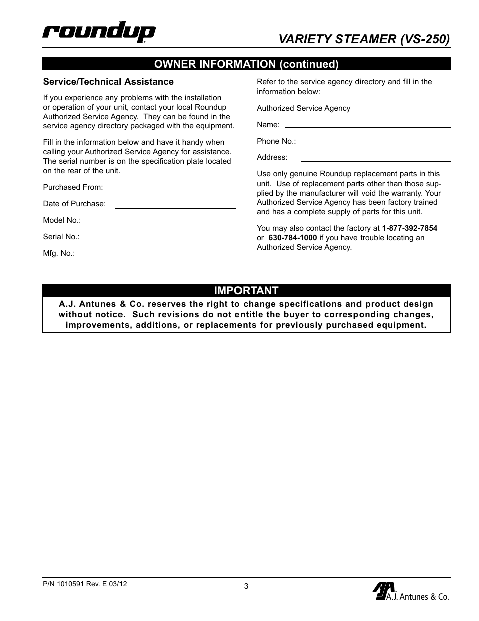 Variety steamer (vs-250), Owner information (continued) important | A.J. Antunes & Co VS-200A-A1 9100250 User Manual | Page 3 / 16