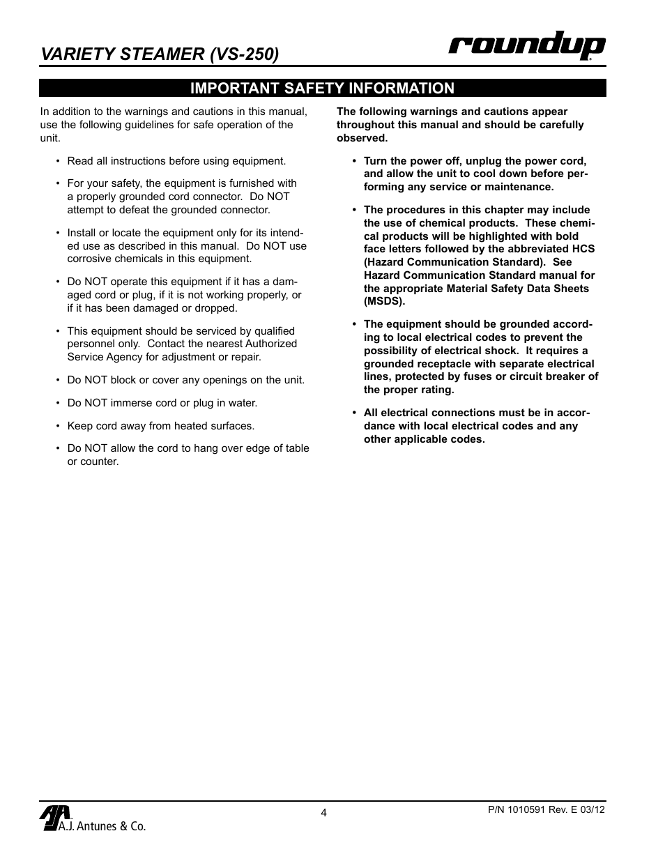 Variety steamer (vs-250), Important safety information | A.J. Antunes & Co VS-200A-A1 9100250 User Manual | Page 4 / 16