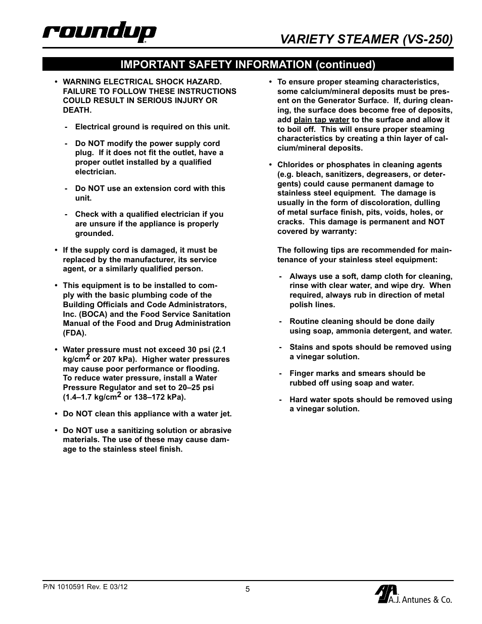 Variety steamer (vs-250), Important safety information (continued) | A.J. Antunes & Co VS-200A-A1 9100250 User Manual | Page 5 / 16